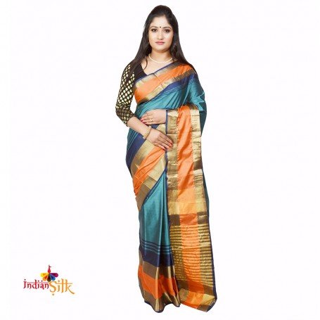 Fsahionvibes Green,Orange Art Silk Saree