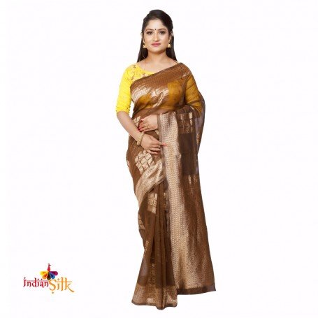 Fashionvibes Brown Cotton Silk Saree