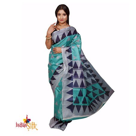 Fashionvibes Grey,Blue,Green Tussar Silk Saree