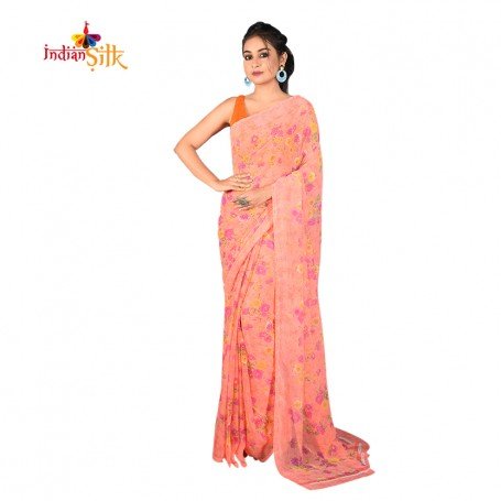 Fashionvibes Breathable Soft Silk Saree for Women (orange and pink)