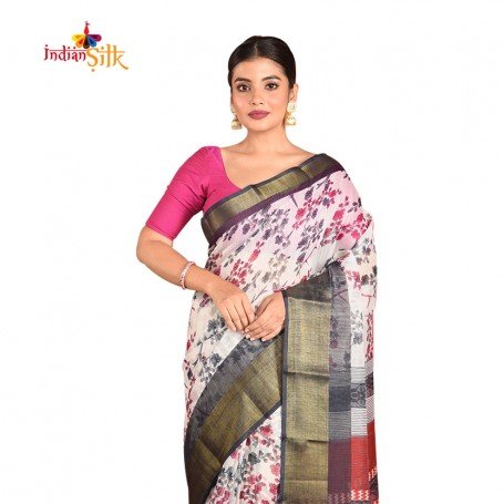 Fashionvibes Vibrant Mixed CottonSaree for Women(pink and grey)