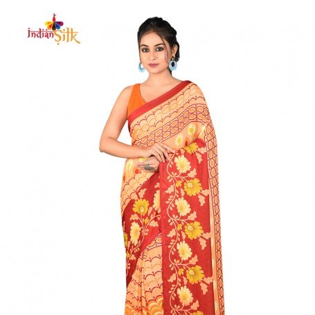 Fashionvibes Feathery Butter Silk Saree for Women ( Orange-yellow)