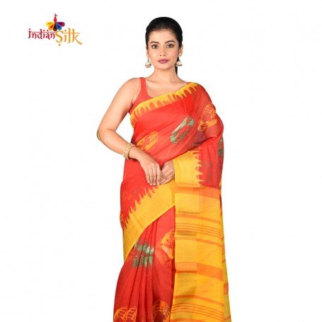 Fashionvibes BreathableMixed CottonSaree for Women (Orange)