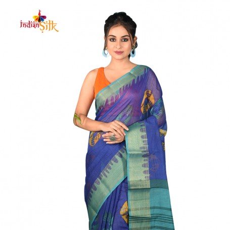Fashionvibes BreathableMixed CottonSaree for Women (Cobalt Blue)