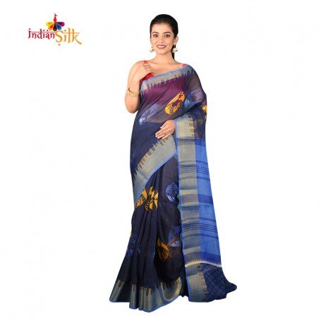 Fashionvibes BreathableMixed CottonSaree for Women (Navy Blue)