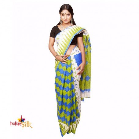 Fashionvibes Cotton digital print Pocket Saree (white & green)