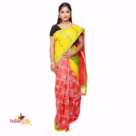 FASHIONVIBES COTTON GEOMETRIC PRINTED POCKET SAREE (MULTICOLORS)