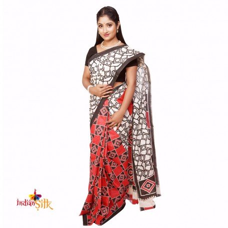 Fashionvibes Cotton printed saree (red,white,black)