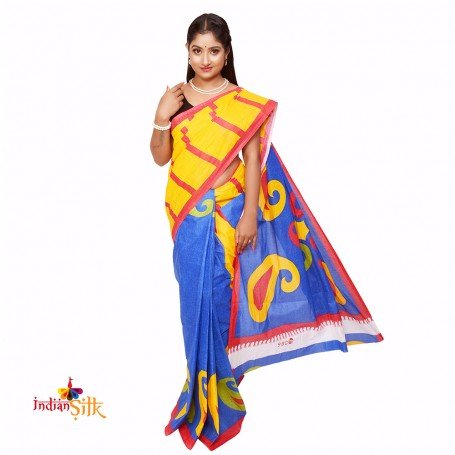 Fashionvibes Cotton Printed Pocket Saree (Red,Blue,Yellow)