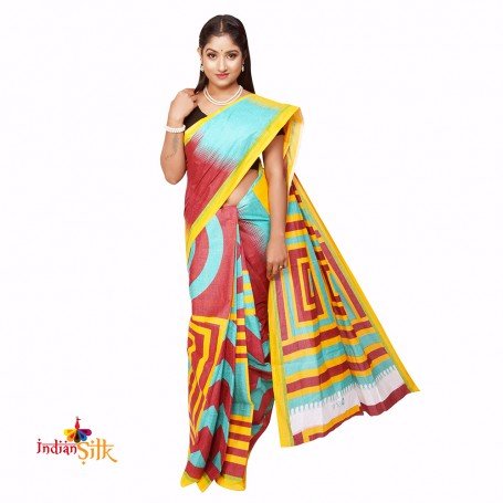 Fashionvibes Cotton geometric print Saree (Multicolour)