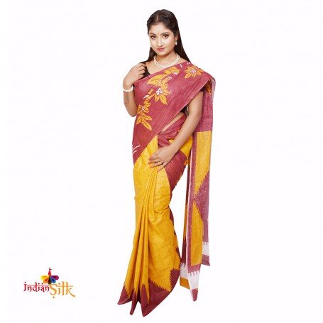 Faschionvibes Cotton Temple Print Pocket Saree ( Maroon & Mustard)