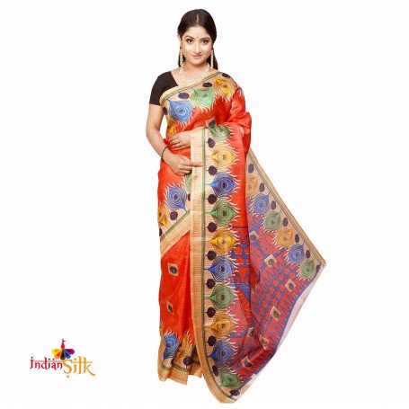 Fashionvibes Bhagalpuri Tussar Silk Printed Saree (Beige and Red)
