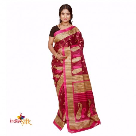 fashionvibes Bhagalpuri Tussar Silk Printed Saree (Maroon,Beige)