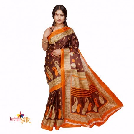 Fashionvibes Bhagalpuri Tussar Silk Printed Saree (Brown,Beige)