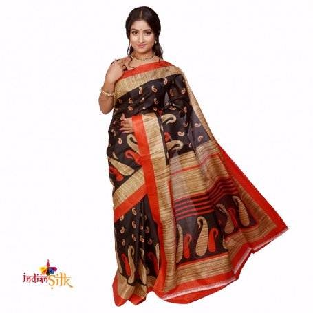 Fashionvibes Bhagalpuri Tussar Silk Printed Saree (Black,Beige)