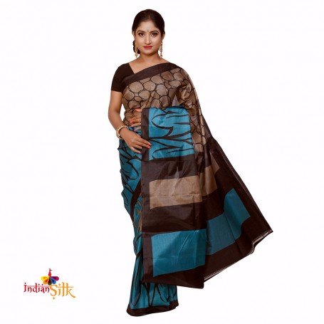 Fashionvibes Bhagalpuri Tussar Silk Printed Saree (Skyblue,Beige & Black)