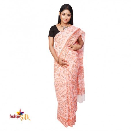 Fashionvibes white & orange Malmal cotton printed saree