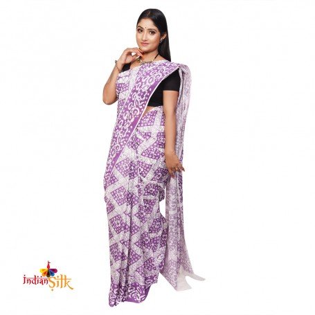 Fashionvibes white & lavender Malmal cotton printed saree