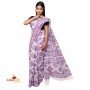 Fashionvibes white & lavender Malmal cotton printed saree