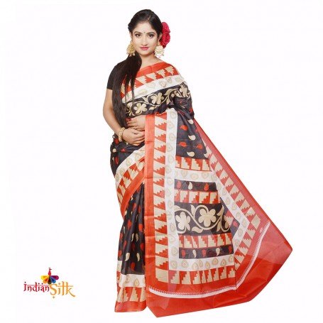 Fashionvibes Bhagalpuri Tussar Silk Printed Saree (Black,Beige & red)