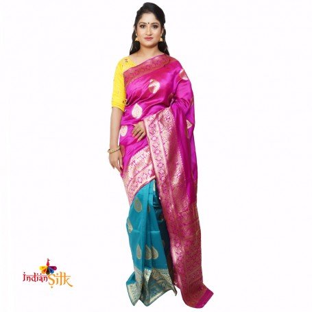 Fashionvibes Uppada silk woven saree (Magenta & Green)