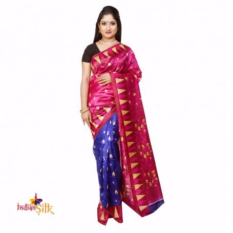 Fashionvibes Art silk patli-pallu printed saree (Magenta & Blue)