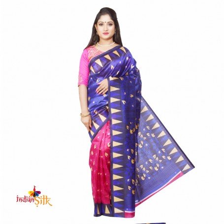 Fashionvibes Art silk patli-pallu printed saree (Pink & Blue)