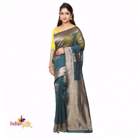 Dark Green Linen Silk Saree