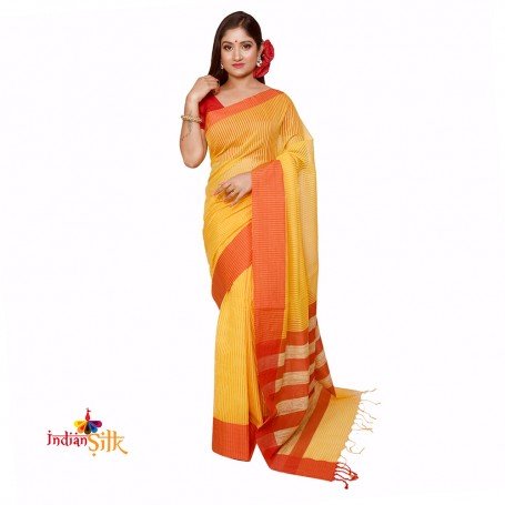 Fashionvibes  Woven Handloom Cotton Linen Blend Saree  (Yellow)