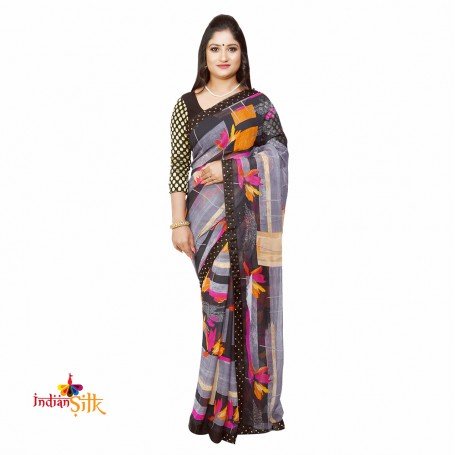 Fashionvibes Black,Grey,Magenta Chiffon Saree