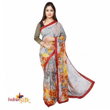 Fashionvibes Grey Chiffon Saree
