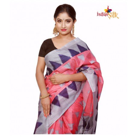 Fashionvibes Blue,Grey,Pink Tussar Silk Saree